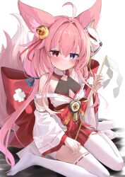 1girl animal_ears bell blue_eyes blue_ribbon blush breasts chinese_commentary closed_mouth commentary_request detached_sleeves fox_ears fox_girl fox_mask fox_tail hair_bell hair_ornament hair_ribbon heart heart_in_eye heterochromia highres indie_virtual_youtuber japanese_clothes jingle_bell long_hair long_sleeves looking_at_viewer low_twintails mask mask_on_head miniskirt nagato_youko no_shoes pink_hair pleated_skirt red_eyes red_skirt ribbon ribbon-trimmed_thighhighs ribbon_trim sitting skirt small_breasts solo symbol_in_eye tail thighhighs twintails variant_set wariza white_thighhighs xiuluoniqia