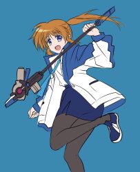 Rule 34 | achanpuni, blue eyes, blue footwear, blue skirt, brown hair, highres, jacket, lyrical nanoha, mahou shoujo lyrical nanoha exceeds: gun blaze vengeance, multicolored clothes, necktie, pantyhose, ponytail, raising heart, sidelocks, skirt, takamachi nanoha