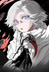 1boy aotsuki_eito black_background black_cloak black_gloves black_pants black_shirt blue_eyes cloak closed_mouth drawstring full_body glasses gloves holding holding_scythe holding_weapon jacket looking_at_viewer male_focus multiple_views pants scythe shirt smile solo solo_focus standing the_hundred_line_-last_defense_academy- upper_body weapon white_gloves white_hair white_jacket zipper_pull_tab