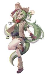 0_o_s_k 1girl :d arm_up bad_id bad_twitter_id belt black_belt brown_gloves brown_hat brown_shoes brown_shorts brown_socks brown_vest collared_shirt full_body gloves green_eyes green_hair green_shirt hat highres long_hair multicolored_hair neckerchief open_clothes open_mouth open_vest original red_neckerchief shirt shoes short_sleeves shorts simple_background smile socks solo standing standing_on_one_leg two-tone_hair vest white_background white_hair