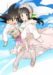 Rule 34 | 1boy, 1girl, assertive female, bead necklace, beads, black eyes, black hair, blue sky, blunt bangs, blush, bouquet, bow, bowtie, bridal veil, carrying, chi-chi (dragon ball), commentary request, couple, dragon ball, dragon ball (classic), dress, floating clothes, floating hair, flower, formal clothes, gamubanku, gloves, hair flower, hair ornament, hetero, husband and wife, jewelry, looking at another, low ponytail, necklace, open mouth, ponytail, princess carry, rose, sky, son goku, spiked hair, suit, sweatdrop, tuxedo, twitter username, veil, wedding, wedding dress, white bow, white bowtie, white flower, white gloves, white rose, white suit