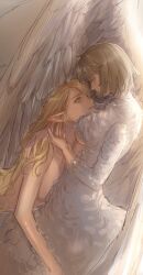2girls between_breasts blonde_hair blush breasts brown_hair cropped deerwhisky dungeon_meshi elf eye_contact face_between_breasts falin_touden falin_touden_(chimera) feathered_wings feathers green_eyes hand_in_another&#039;s_hair hand_on_another&#039;s_ear hand_on_another&#039;s_shoulder head_between_breasts highres hug large_breasts looking_at_another marcille_donato multiple_girls nude parted_lips pointy_ears short_hair wings yuri