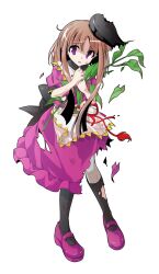 1girl alphes_(style) apron black_hat black_socks blush brown_hair capelet commentary_request dairi damaged defeat dress full_body hat holding kneehighs leaf long_hair mary_janes myouga_(plant) nishida_satono open_mouth parody puffy_short_sleeves puffy_sleeves purple_dress purple_eyes purple_shoes red_ribbon ribbon shoes short_sleeves sidelocks socks solo standing style_parody tachi-e tassel tate_eboshi tears torn_clothes torn_dress touhou transparent_background waist_apron white_apron white_capelet