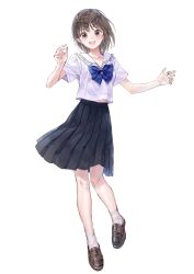 1girl blue_bow blue_bowtie blue_reflection_(series) blue_reflection_ray blue_reflection_sun blue_reflection_tie blue_skirt blush bow bowtie braid brown_eyes brown_hair grin highres hirahara_hiori jewelry kishida_mel looking_at_viewer open_mouth pleated_skirt ring sailor_collar school_uniform serafuku shirt shoes short_hair short_sleeves skirt smile socks standing white_background white_sailor_collar white_shirt white_socks