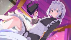 1girl absurdres apron black_dress blue_eyes blurry blurry_background blush buttons closed_mouth commission curtains dot_nose dress dutch_angle frilled_apron frilled_dress frills grey_hair highres holding holding_teapot indoors kettle long_sleeves looking_at_viewer maid maid_apron maid_headdress on_bed original shiro9jira short_hair sitting skeb_commission smile socks solo sparkle teapot white_apron white_hair white_socks