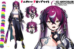 Rule 34 | &gt;:(, 1girl, ahoge, baseball bat, belt, black belt, black hair, breasts, chibi, chibi inset, closed eyes, delinquent, doppio dropscythe, double dolce, fingerless gloves, fishnets, genderswap, genderswap (mtf), gloves, hair ornament, hair ribbon, highres, holding, holding baseball bat, jacket, large breasts, loafers, long skirt, mask, mouth mask, multicolored hair, nijisanji, nijisanji en, official art, open clothes, open jacket, paint splatter, purple hair, ribbon, sarashi, shinoda mame, shoes, side slit, skirt, smile, socks, streaked hair, sukeban, take bayashi 3d, twintails, v-shaped eyebrows, virtual youtuber, white hair, wide hips, yellow eyes