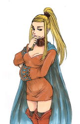 Rule 34 | 1girl, black thighhighs, blonde hair, blue cape, boots, breasts, brown boots, brown dress, brown eyes, cape, choker, cleavage, dress, expressionless, final fantasy, final fantasy tactics, hand on own face, kikimimi 612, long hair, medium breasts, ponytail, solo, thighhighs, upper body, valmafra lenande, white background