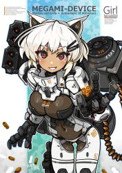 1girl animal_ears armored_bodysuit breasts cover_image covered_navel cyborg english_text hair_ornament hairclip highres large_breasts leaning_forward looking_at_viewer mechanical_hands megami_device nancou_(nankou) orange_eyes short_hair solo white_hair