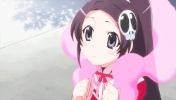 Rule 34 | 1girl, animated, animated gif, black hair, elysia de lute ima, hair ornament, kami nomi zo shiru sekai, lowres, purple eyes, school uniform, skull hair ornament, tagme