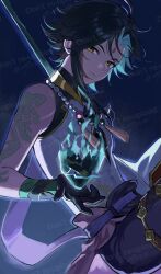 1boy 42u16 aqua_hair black_gloves black_pants chinese_clothes closed_mouth colored_inner_hair english_text forehead forehead_jewel genshin_impact gloves green_hair green_tattoo half-closed_eyes highres looking_at_viewer male_focus multicolored_hair pants short_hair solo two-tone_hair watermark xiao_(genshin_impact) yellow_eyes