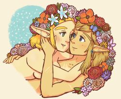 1boy 1girl blonde_hair blue_eyes cantstopdiggi commentary couple english_commentary flower green_eyes hair_flower hair_ornament hand_on_another&#039;s_back hetero highres link long_hair looking_at_another lying lying_on_person nintendo parted_lips pointy_ears princess_zelda short_hair silent_princess the_legend_of_zelda the_legend_of_zelda:_tears_of_the_kingdom topless_female topless_male