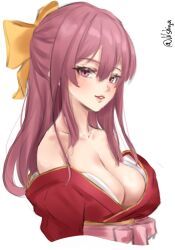 1girl bare_shoulders blush bow breasts cleavage hair_bow hair_ribbon hakama highres japanese_clothes kamikaze_(kancolle) kantai_collection kimono lilshigu lips long_hair looking_at_viewer medium_breasts meiji_schoolgirl_uniform pink_hakama purple_eyes purple_hair red_kimono ribbon smile solo upper_body yellow_bow