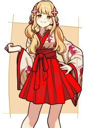 07nono06 1girl absurdres alternate_costume animal_print blonde_hair blush closed_mouth commentary_request feet_out_of_frame fish_print fujita_kotone gakuen_idolmaster goldfish_print hair_ornament hand_on_own_hip high-waist_skirt highres idolmaster japanese_clothes kimono kimono_skirt long_hair looking_at_viewer pleated_skirt print_kimono red_skirt skirt solo twintails wide_sleeves yellow_eyes
