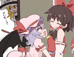 3girls ascot bat_wings black_vest blonde_hair blush bow brown_hair closed_eyes closed_mouth commentary_request detached_sleeves fang frilled_bow frilled_hair_tubes frills hair_bow hair_tubes hakurei_reimu hat hat_bow hat_ribbon highres kirisame_marisa kurachi_mizuki long_hair mob_cap multiple_girls open_mouth pink_hat pink_shirt pink_skirt purple_hair red_bow red_eyes red_skirt remilia_scarlet ribbon ribbon-trimmed_sleeves ribbon_trim shirt short_sleeves skirt skirt_set smile sweatdrop touhou translation_request vest wings witch_hat yellow_ascot yuri