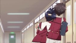 10s 1boy 1girl andou_jurai animated animated_gif black_hair blazer blue_eyes blue_hair hair_ornament hairpin hallway heart inou-battle_wa_nichijou-kei_no_naka_de kudou_mirei lowres messy_hair school_uniform smile sweat sweatdrop tagme waving