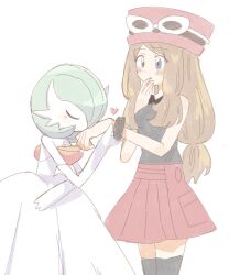 1girl black_thighhighs blonde_hair blue_eyes blush breasts closed_mouth eyewear_on_headwear gardevoir gen_3_pokemon han0579 hat heart highres long_hair mega_gardevoir mega_pokemon nintendo pink_hat pokemon pokemon_(creature) pokemon_xy red_hat red_skirt serena_(pokemon) shirt skirt sleeveless sleeveless_shirt smile sunglasses thighhighs white-framed_eyewear