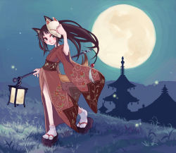 Rule 34 | 1girl, animal ears, female focus, fox, fox ears, fox mask, japanese clothes, lantern, mask, moon, night, platform sandals, sandals, sky, solo, split-toe footwear, standing, tabi, tail, ushiki yoshitaka