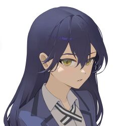 1girl absurdres blazer blue_hair blue_jacket brown_eyes collared_shirt dress_shirt gan_xing_naobing grey_shirt gundam gundam_gquuuuuux hair_between_eyes highres jacket long_hair neck_ribbon nyaan_(gundam_gquuuuuux) parted_lips portrait ribbon school_uniform shirt simple_background solo straight_hair striped_ribbon white_background wing_collar