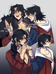 2girls absurdres amayado_rei angry averting_eyes black_hair bra bra_peek breasts cigarette cleavage clothes_grab coat collar_grab collared_shirt curtained_hair dan9ang ear_piercing earrings fur_coat furrowed_brow genderswap genderswap_(mtf) glaring gold_earrings gradient_background green_eyes grey_eyes hand_up heterochromia highres holding holding_cigarette holding_lighter hood hoodie hypnosis_mic jacket jacket_on_shoulders jacket_over_hoodie jewelry letterman_jacket lighter lighting_cigarette long_hair looking_at_viewer low_ponytail mature_female medium_hair mole mole_under_eye mother_and_daughter multiple_girls multiple_views neckwear_grab notice_lines open_mouth parted_bangs piercing ponytail red_eyes red_lips red_shirt scar scar_across_eye scar_on_face shirt smile underwear upper_body v-shaped_eyebrows wavy_hair white_hoodie wrinkled_skin yamada_ichiro