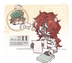 Rule 34 | 1boy, 1girl, aleph (reverse:1999), black gloves, black mask, brown hair, chibi, chinese text, closed eyes, covered face, envelope, gloves, gradient background, green hat, hat, hat feather, highres, holding, holding letter, holding paper, holding quill, letter, newsboy cap, open mouth, paper, quill, reading, recoleta (reverse:1999), red hair, reverse:1999, shirt, short hair, translated, upper body, white shirt, yelin yoru, yellow background