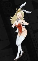 absurdres adjusting_clothes animal_costume black_background black_shoes blonde_hair breasts collar curvy green_eyes hair_between_eyes hair_bun hairband high_heels highres leaning_forward leotard mihoyo navel necktie one_eye_closed piper_wheel playboy_bunny rabbit_costume rabbit_ears rabbit_tail shoes short_eyebrows simple_background small_breasts text_background thighhighs thighs zenless_zone_zero
