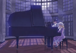 Rule 34 | 2girls, album cover, ascot, black hat, black skirt, bow, cover, dress, grand piano, hat, instrument, kyuu umi, marble (stone), maribel hearn, mary janes, moon, moonlight, multiple girls, music, pantyhose, piano, playing instrument, playing piano, purple dress, redrawn, shadow, shirt, shoes, skirt, stool, touhou, usami renko, white ascot, white bow, white pantyhose, white shirt, window, wooden floor