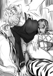2boys anal ass bar_censor blank_speech_bubble bottomless censored cowgirl_position giorno_giovanna guido_mista jojo_no_kimyou_na_bouken male_focus male_penetrated monochrome multiple_boys penis sex speech_bubble straddling victory_rolls yaoi zakki