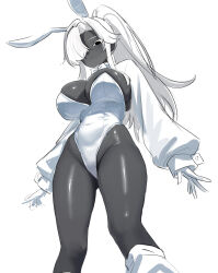 Rule 34 | 1girl, absurdres, animal ears, black eyes, black skin, bow, bowtie, breasts, cleavage, closed mouth, colored skin, commentary, covered navel, detached sleeves, expressionless, feet out of frame, from below, gloves, hair over one eye, highres, huge breasts, leg warmers, leotard, long hair, long sleeves, looking at viewer, looking down, original, ponytail, rabbit ears, shenqi xiaohuang, sidelocks, simple background, skindentation, solo, thick thighs, thighs, white background, white bow, white bowtie, white gloves, white hair, white leg warmers, white leotard, white sleeves