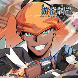1boy black_hair black_hoodie dark-skinned_male dark_skin dynamax_band earrings gloves green_eyes gym_leader highres holding holding_poke_ball hood hoodie jewelry male_focus nintendo orange_headwear partially_fingerless_gloves poke_ball pokemon pokemon_swsh portrait raihan_(pokemon) single_glove smile solo teeth ultra_ball watermark youchengyan