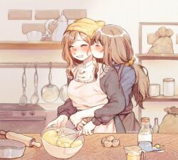 2girls alternate_hair_length alternate_hairstyle apron arms_around_waist black_dress blush brown_hair chadolbaegi closed_eyes collar cooking cooking_oil couple dress eggshell frilled_collar frills hair_ornament hair_scrunchie headscarf highres holding holding_whisk hug hug_from_behind indoors kang_jaehee kiss kissing_cheek kitchen long_hair measuring_cup mixing_bowl multiple_girls nose_blush one_eye_closed oven pastel_colors ponytail protagonist_(susanghan_messenger) sack scrunchie shelf smile spatula susanghan_messenger teeth tenugui upper_body upper_teeth_only whisk whisking yuri