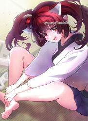 Rule 34 | 1girl, :d, ahoge, barefoot, blunt bangs, brown hair, crossed legs, game console, headgear, japanese clothes, kimono, long hair, long sleeves, looking at viewer, miniskirt, open mouth, pleated skirt, red eyes, short kimono, sitting, skirt, smile, solo, super nintendo, tatami, touhoku kiritan, twintails, voiceroid, white kimono, wide sleeves, yatsuho yamabiko
