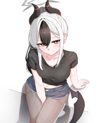1girl absurdres between_legs black_hair black_horns black_shirt black_wings blue_archive blue_shorts blush breasts closed_mouth collarbone commentary demon_horns from_above grey_halo grey_pantyhose hair_between_eyes halo hand_between_legs highres hit_by_hit horns kayoko_(blue_archive) long_hair looking_at_viewer medium_breasts midriff mole mole_on_collarbone multicolored_hair navel pantyhose ponytail red_eyes shirt short_shorts short_sleeves shorts sidelocks simple_background single_wing sitting smile solo streaked_hair two-tone_hair white_hair wings