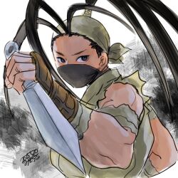 Rule 34 | antenna hair, arm guards, bandaged arm, bandages, bandana, black eyes, black hair, blue pupils, cropped torso, holding, holding weapon, ibuki (street fighter), kunai, mask, misodiru, muscular, muscular female, ninja, ponytail, street fighter, street fighter iii (series), torn clothes, torn sleeves, weapon