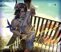 Rule 34 | 1boy, abs, animal ears, arknights, bara, beach, brown eyes, chiizu namasu, clothes lift, cow boy, cow ears, cow horns, feet out of frame, from above, highres, horns, lifeguard, lifting own clothes, male focus, male swimwear, matterhorn (arknights), matterhorn (beach guard) (arknights), medium hair, navel, navel hair, nipples, official alternate costume, outdoors, paid reward available, sample watermark, sand, shirt lift, solo, stomach, swim trunks, toned, toned male, underpec, watermark, whistle, whistle around neck, white male swimwear
