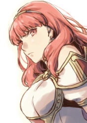 Rule 34 | 1girl, armor, breastplate, celica (fire emblem), choker, earrings, fire emblem, fire emblem echoes: shadows of valentia, from side, jewelry, looking at viewer, lowres, nintendo, red eyes, red hair, tiara, white armor, yokutsuki noa