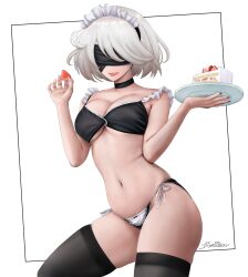 Rule 34 | 1girl, 2b (nier:automata), absurdres, bikini, black bikini, black choker, black thighhighs, blindfold, breasts, cake, cake slice, choker, cleavage, covered eyes, dismaiden, food, frilled bikini, frills, fruit, grey hair, highres, maid, maid bikini, maid headdress, medium breasts, mole, mole under mouth, navel, nier:automata, nier (series), short hair, solo, strawberry, strawberry shortcake, swimsuit, thighhighs, unconventional maid, underboob