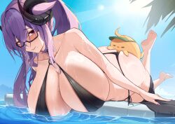 1girl absurdres azur_lane bikini black_bikini black_horns breasts cleavage collarbone curled_horns day friedrich_carl_(azur_lane) friedrich_carl_(tender_summer_care)_(azur_lane) glasses hair_between_eyes highres horns huge_breasts jiang_(kplrt_07) long_hair looking_at_viewer lying manjuu_(azur_lane) mole mole_under_mouth official_alternate_costume on_stomach outdoors parted_lips purple_eyes purple_hair purple_nails smile solo swimsuit w water wet