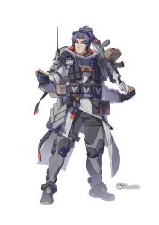 1boy absurdres artist_name black_gloves black_pants black_sclera boots colored_sclera explosive fingerless_gloves full_body gloves grenade grey_jacket gun headset highres holding holding_gun holding_weapon jacket long_sleeves looking_at_viewer male_focus orange_eyes original over_shoulder pants personification ponytail pouch purple_hair rifle scar scar_on_face science_fiction sherman_(egnk2525) simple_background smile sniper_rifle solo standing tachi-e transparent_background walkie-talkie weapon weapon_over_shoulder white_background