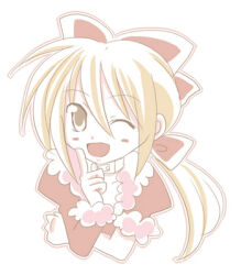 1girl :d blonde_hair blush bow chibi chibi_only coat commentary_request dated_commentary fur-trimmed_coat fur_trim hair_bow long_hair looking_at_viewer lowres one_eye_closed open_mouth ragnarok_online red_bow red_coat rogue_(ragnarok_online) sharari simple_background smile solo upper_body white_background yellow_eyes