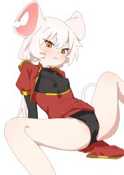 1girl absurdres animal_ears black_leotard blush breasts china_dress chinese_clothes dress highres leotard long_hair low_twintails mouse_ears mouse_girl mouse_girl_(wuju59) mouse_tail original red_dress small_breasts spread_legs tail thick_eyebrows twintails white_hair wuju59 yellow_eyes