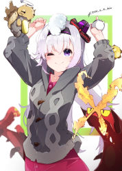.live 1girl animal animal_on_head arms_up carro_pino centiskorch collarbone commentary_request cosplay crossover dated gen_3_pokemon gen_5_pokemon gen_8_pokemon gloria_(pokemon) gloria_(pokemon)_(cosplay) hat headband highres holding holding_poke_ball jacket joltik mini_hat nintendo on_head one_eye_closed poke_ball pokemon pokemon_(creature) pokemon_on_head pokemon_swsh purple_eyes shedinja simple_background sizzlipede smile snom virtual_youtuber