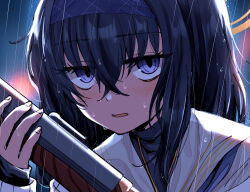 1girl backlighting black_hair blue_archive blurry blurry_background blush brown_halo commentary_request crossed_bangs doraje fighting_stance gun hair_between_eyes halo hand_up highres holding holding_gun holding_weapon jewelry jitome long_hair looking_at_viewer open_mouth outdoors pendant portrait rain sailor_collar school_uniform serafuku serious solo turtleneck ui_(blue_archive) weapon wet wet_hair white_sailor_collar