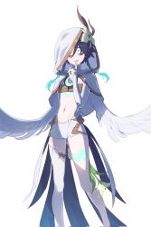 1boy aliii147258369 angel_wings aqua_hair arm_behind_back black_hair braid bridal_gauntlets capelet closed_eyes cowboy_shot crop_top feathered_wings finger_to_mouth flower genshin_impact glowing_tattoo grey_hair hair_flower hair_ornament highres hood hood_up leg_tattoo male_focus midriff navel short_shorts shorts shushing simple_background single_thighhigh skinny solo stomach tattoo thighhighs twin_braids venti_(archon)_(genshin_impact) venti_(genshin_impact) white_background white_bridal_gauntlets white_capelet white_hood white_thighhighs white_wings wings