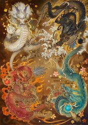 Rule 34 | animal ears, antlers, black dragon (kemono friends), blue dragon (kemono friends), blue eyes, blue hair, cherry blossoms, claws, dragon, dragon ears, dragon horns, dragon tail, eastern dragon, fire, highres, holding, holding orb, horns, kemono friends, kemono friends 3, long hair, looking at viewer, mane, open mouth, red dragon (kemono friends), sa n sa, scale print, scales, tail, waves, whiskers, white dragon (kemono friends)