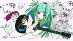 1girl aqua_hair ascii_art baby_animal bandaid bandaid_on_leg blood blue_outline blue_shirt blunt_bangs bracelet cat closed_mouth colored_skin digital_media_player earbuds earphones electric_guitar expressionless frown full_body green_shirt guitar highres holding holding_guitar holding_instrument instrument ipod ipod_nano ipod_nano_4g jewelry lamb leg_tattoo long_hair looking_to_the_side loose_socks lying maho_(_i_kill_girl_) nosebleed on_side original outline pink_eyes pink_shoes raglan_sleeves screentones sheep shirt shoes sidelocks socks solo sparkle spiked_hair star_(symbol) t-shirt tattoo twintails two-tone_shirt white_background white_skin white_socks yellow_blood yellow_nails zoom_layer