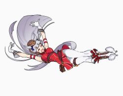 1girl :d ^_^ animal_ears arms_up artist_name blunt_bangs boots bow brown_hat closed_eyes commentary dress ear_bow ear_covers ear_ornament ear_ribbon english_commentary flying_kick full_body gloves gold_ship_(umamusume) hat high_heels horse_ears horse_girl horseshoe horseshoe_ornament kicking o-ring open_mouth pants pillbox_hat pollo_(pollo_pom) purple_bow red_bow red_dress sleeveless sleeveless_dress smile solo twitter_username umamusume watermark white_boots white_gloves white_pants