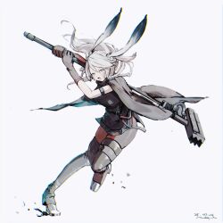 Rule 34 | 1girl, animal ears, arknights, black cloak, blue eyes, blush, boots, breasts, brown pantyhose, cloak, commentary, dated, full body, grey hair, hair between eyes, hammer, highres, holding, holding hammer, long hair, looking at viewer, open mouth, pantyhose, pppmepl, rabbit ears, rabbit girl, savage (arknights), signature, simple background, solo, thigh boots, war hammer, weapon, white background
