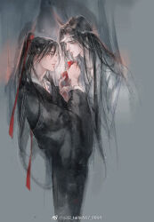 Rule 34 | 2boys, alternate hairstyle, black hair, black hanfu, chinese clothes, couple, cup, curtains, faux traditional media, grey eyes, hair ribbon, half updo, hanfu, headband, high ponytail, holding, holding cup, ink wash painting, kcllzas163, lan wangji, light particles, long hair, long sleeves, looking at another, male focus, modao zushi, multiple boys, parted lips, ponytail, profile, red ribbon, ribbon, robe, standing, third-party source, toasting (gesture), upper body, watermark, wei wuxian, weibo watermark, white hanfu, white headband, wide sleeves, yaoi