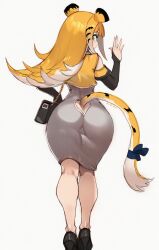 1girl absurdres alternate_costume animal_ears ass bag black_bag black_shoes blue_hair clothing_cutout cropped_jacket dongtan_dress green_eyes handbag high_heels highres jacket ju_fufu long_hair looking_at_viewer meme_attire multicolored_hair shoes solo tail tail_through_clothes tiger_ears tiger_girl tiger_tail two-tone_hair white_hair yellow_jacket yuibread zenless_zone_zero