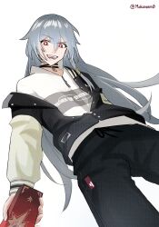 1girl :d absurdres black_choker black_hair black_jacket black_pants brick casual choker herrscher_of_sentience highres holding honkai_(series) honkai_impact_3rd jacket long_hair long_sleeves looking_at_viewer makareem open_mouth pants red_eyes shirt simple_background smile solo very_long_hair white_background white_shirt